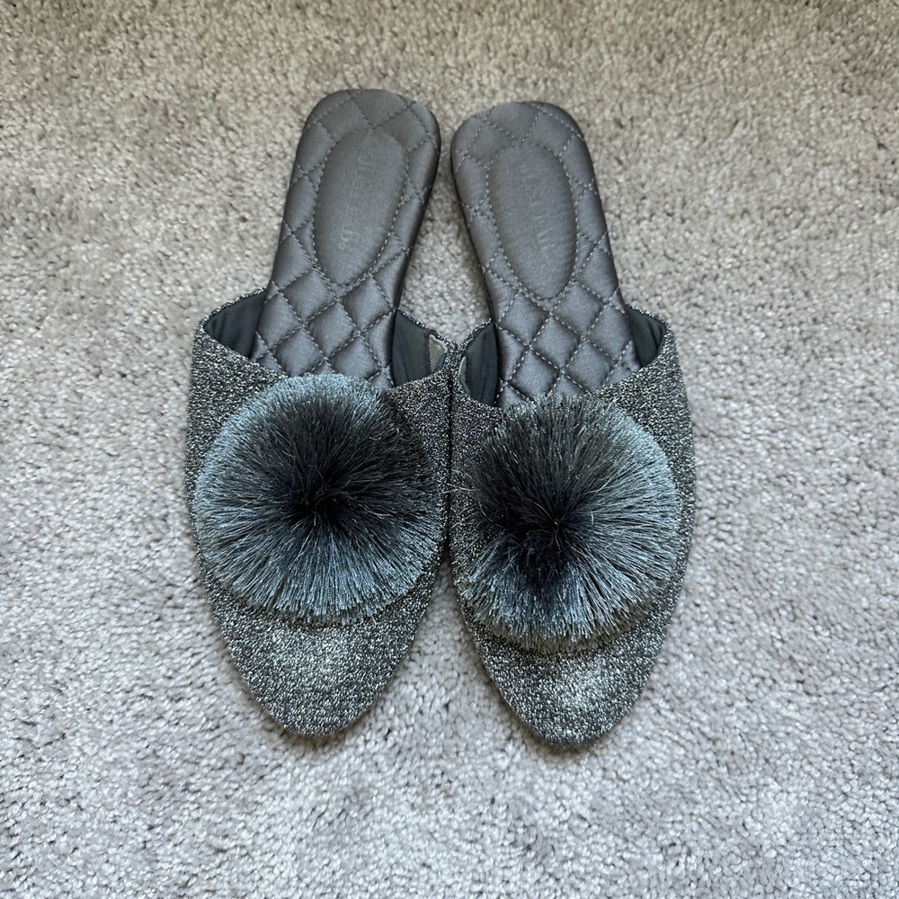 JustFab Sparkly Silver Mule Slippers with Gray Fringe Pom Size 9